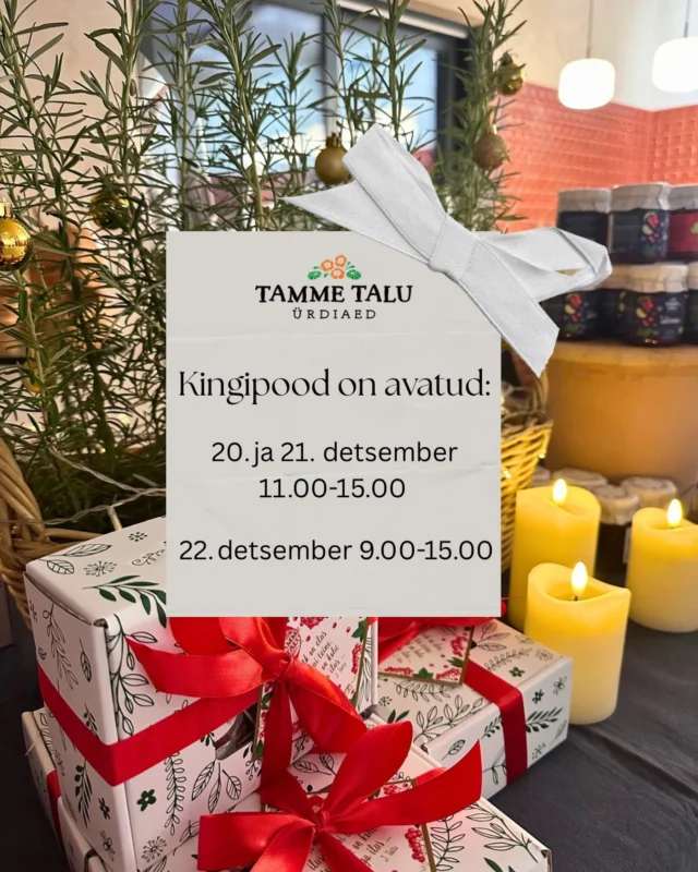 Kutsume sind Tamme talusse kingitusi valima🎁

✨Mõnus ja rahulik keskkond
✨Maitseelamusi pakkuvad kingiideed
✨Valmis pakitud kinkekomplektid

20. Ja 21. detsember saad lisaks osa võtta Ürdisoola ja tee valmistamise töötoast. Loe lähemalt Tamme talu kodulehelt🎅

Kaunist pühadeootust!🧡

#tammetaluürdiaed #romantilinerannatee